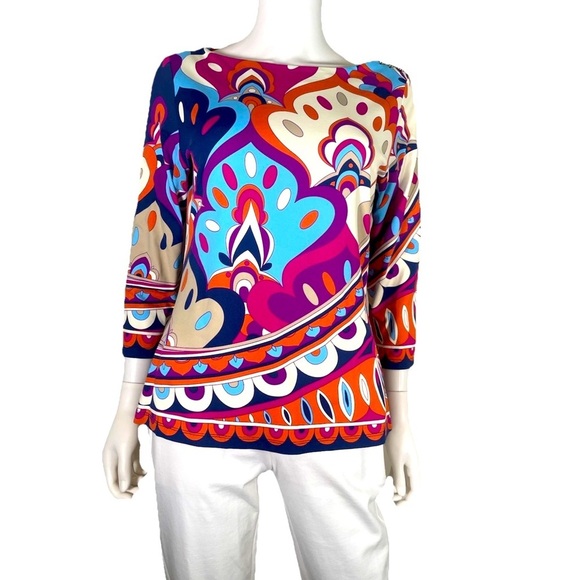 J McLaughlin Catalina Cloth Top Blouse Womens Sz M Retro Paisley Boat Neck Vacay - Picture 1 of 15